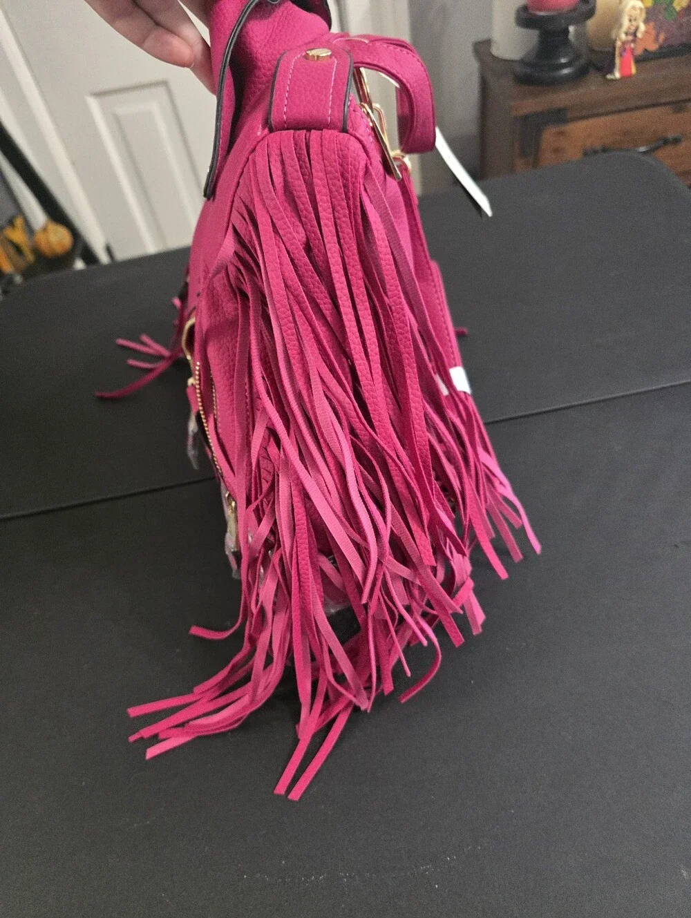 New LE Miel Vegan Hot Pink Fringe Moto Backpack Bag with Gold Hardware